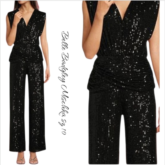 Belle Badgley Mischka Indie Black Sequin V-Neck Wide Leg Jumpsuit NWT Size 10